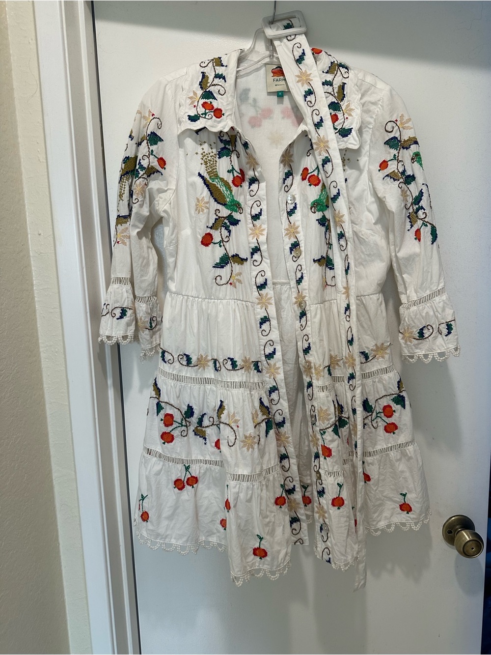 Farm Rio Pitanga Embroidered Belted Mini Tiered Dress w Crocheted Trims Small